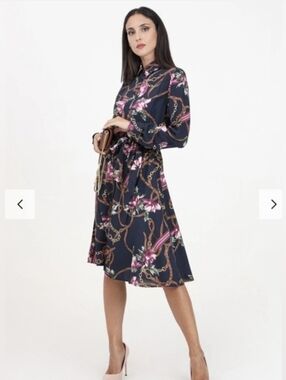 Floral Chain Print Navy Midi Shirt Dress